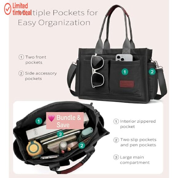 Waterproof Tote Bag with Multiple Pockets, Adjustable Strap, 14x10x5.5 - Picture 3 of 8